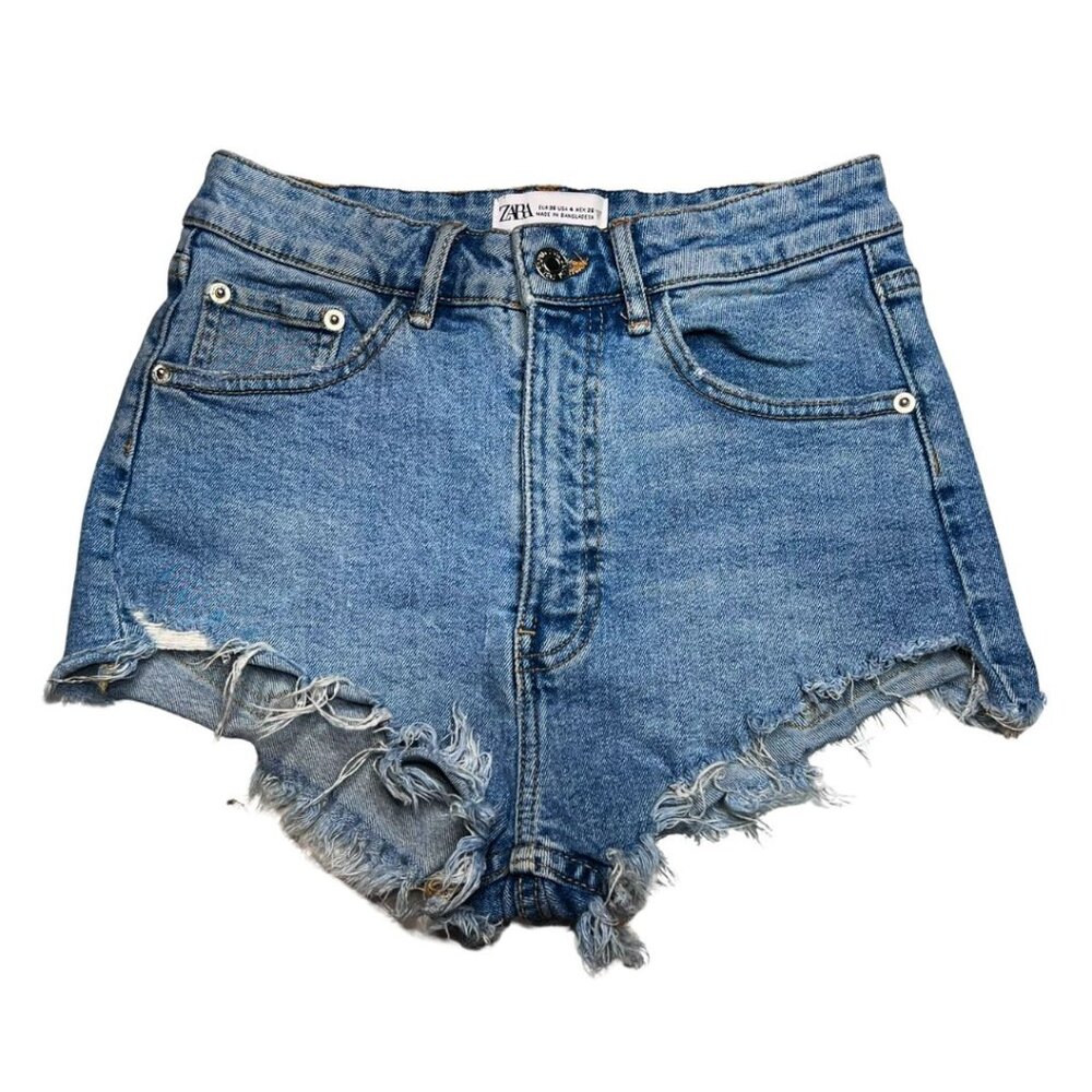 ZARA High Rise Shorts Denim Jean Blue Ripped Size 4